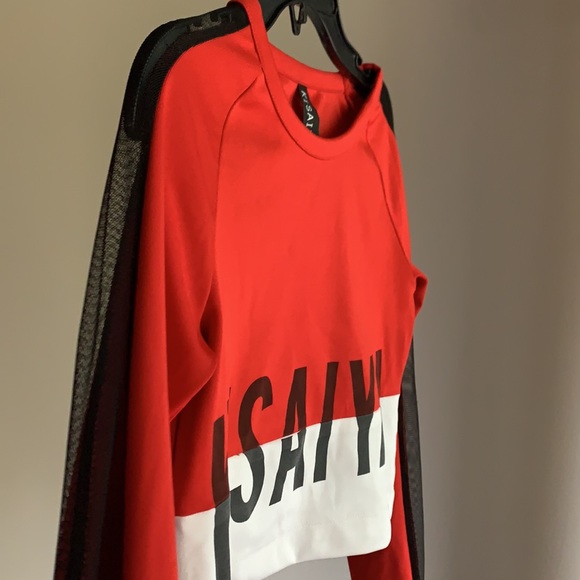 Kisaiya branded mesh sleeve color block crop top - Picture 4 of 6